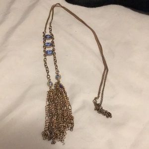 Gold Tone Blue Raised Stone With Tassels 19” Necklace